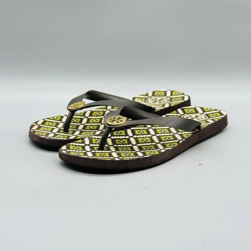 Tory Burch Sandals Womens 6 Multicolor Rubber Flip Flop Geometric Logo Shoes